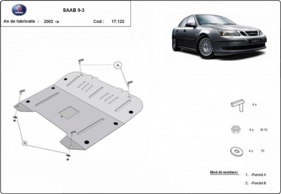 Steel skid plate for the protection of the engine and the gearbox for Saab 9-3