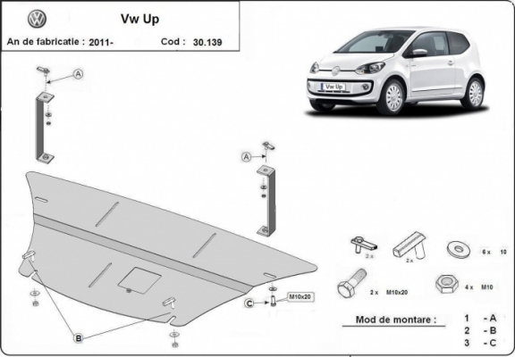 Steel skid plate for the protection of the engine and the gearbox for VW Up