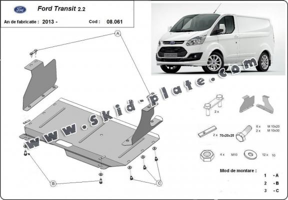 Steel skid plate for the protection of the engine and the gearbox for Ford Transit Custom