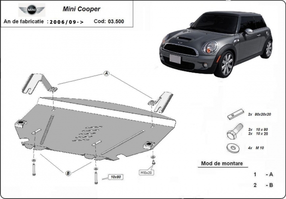 Steel skid plate for the protection of the engine and the gearbox for Mini Cooper R56