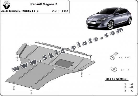 Steel skid plate for the protection of the engine and the gearbox for Renault Megane 3