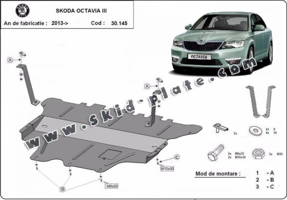 Steel skid plate for the protection of the engine and the gearbox for Skoda Octavia 3 - manual gearbox