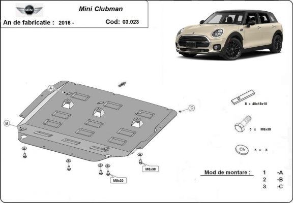 Steel skid plate for the protection of the engine and the gearbox for Mini Clubman