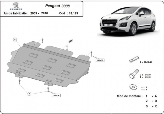 Steel skid plate for the protection of the engine and the gearbox for Peugeot 3008