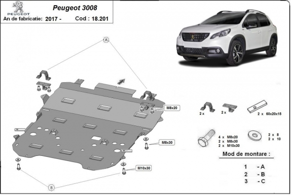 Steel skid plate for the protection of the engine and the gearbox for Peugeot 3008
