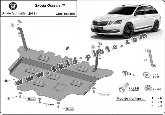 Steel skid plate for the protection of the engine and the gearbox for Skoda Octavia 3 - automatic gearbox