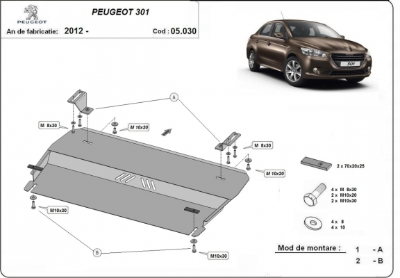 Steel skid plate for the protection of the engine and the gearbox for Peugeot 301