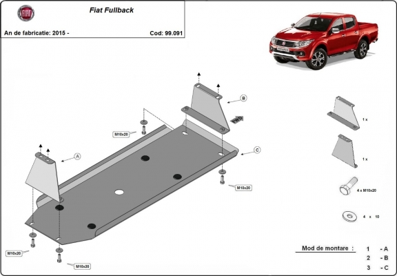Steel fuel tank skid plate for Fiat Fullback