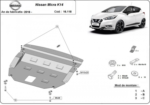 Steel skid plate for Nissan Micra