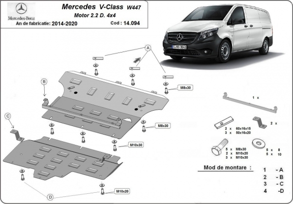 Steel skid plate for Mercedes V-Class W447, 2.2 D, 4x4