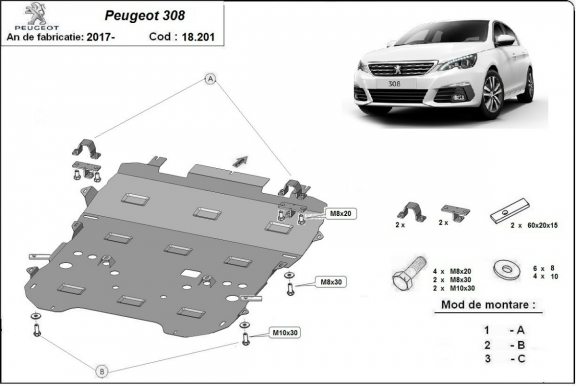 Steel skid plate for Peugeot 308