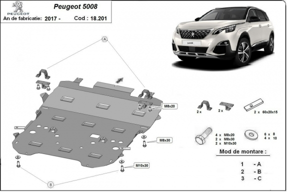 Steel skid plate for the protection of the engine and the gearbox for Peugeot 5008