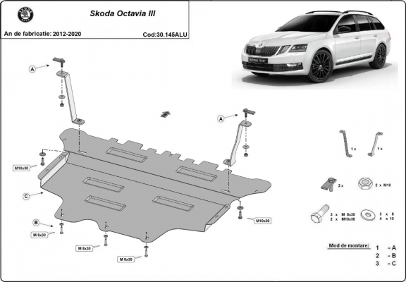 Aluminum skid plate for the protection of the engine and the gearbox for Skoda Octavia 3