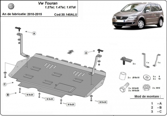 Aluminum skid plate for Volkswagen Touran