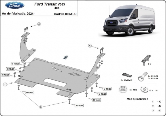 Aluminum skid plate for Ford Transit V363 4x4