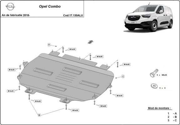 Aluminium skid plate for Opel Combo E