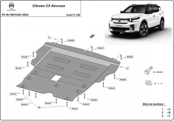 Steel skid plate for the protection of the engine and the gearbox for Citroen C3 Aircross