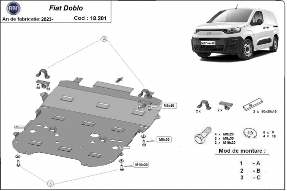 Steel skid plate for the protection of the engine and the gearbox for Fiat Doblo
