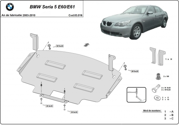 Steel skid plate for BMW Seria 5 E60/E61 standard front bumper