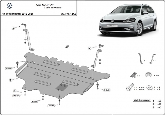 Steel skid plate for the protection of the engine and the gearbox for VW Golf 7 - automatic gearbox