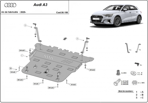 Steel skid plate for Audi A3