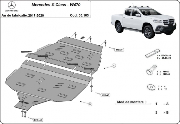 Steel gearbox skid plate and transfer case guard Mercedes X-Class W470