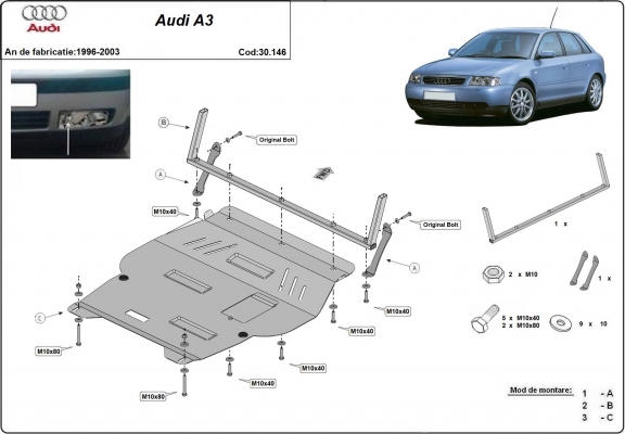 Steel skid plate for Audi A3