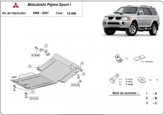 Steel skid plate for the protection of the engine and the radiator for Mitsubishi Pajero Sport 1
