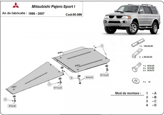 Steel gearbox and differential skid plate for Mitsubishi Pajero Sport 1