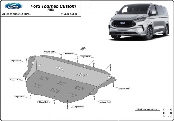 Aluminum skid plate for the protection of the engine and the gearbox for Ford Tourneo Custom PHEV