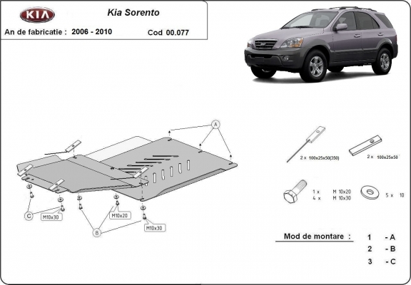 Steel gearbox and differential skid plate for  Kia Sorento