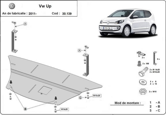 Steel skid plate for the protection of the engine and the gearbox for VW Up