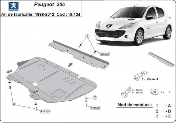 Steel skid plate for Peugeot 206