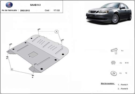 Steel skid plate for the protection of the engine and the gearbox for Saab 9-3