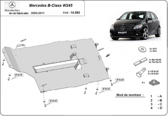 Steel skid plate for the protection of the engine and gearbox for Mercedes B-Class W245