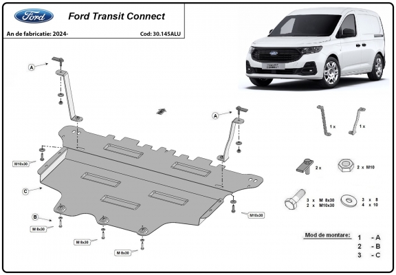 Aluminum skid plate for Ford Transit Connect