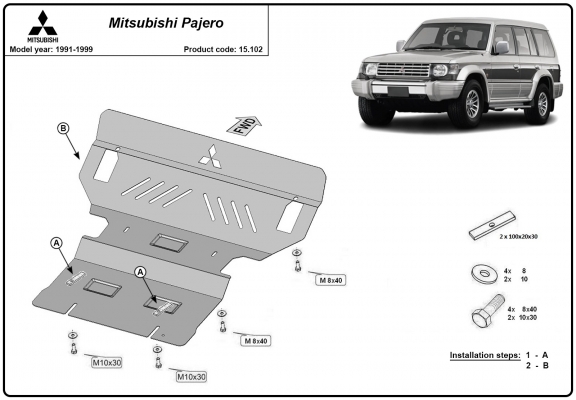 Steel skid plate for the protection of the engine and the radiator for Mitsubishi Pajero 2 