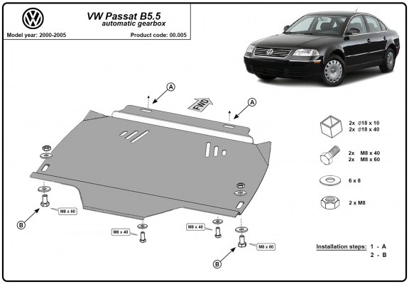 Steel automatic gearbox skid plate for VW Passat B5, B5.5