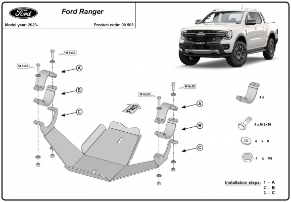 Steel differential skid plate for Ford Ranger