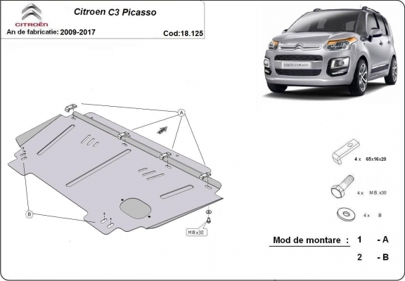 Steel skid plate for Citroen C3 Picasso