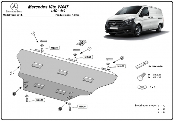 Steel skid plate for Mercedes Vito W447, 4x2, 1.6 D