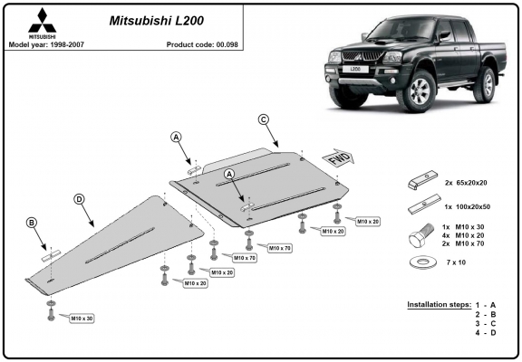 Steel gearbox and differential skid plate for Mitsubishi L 200